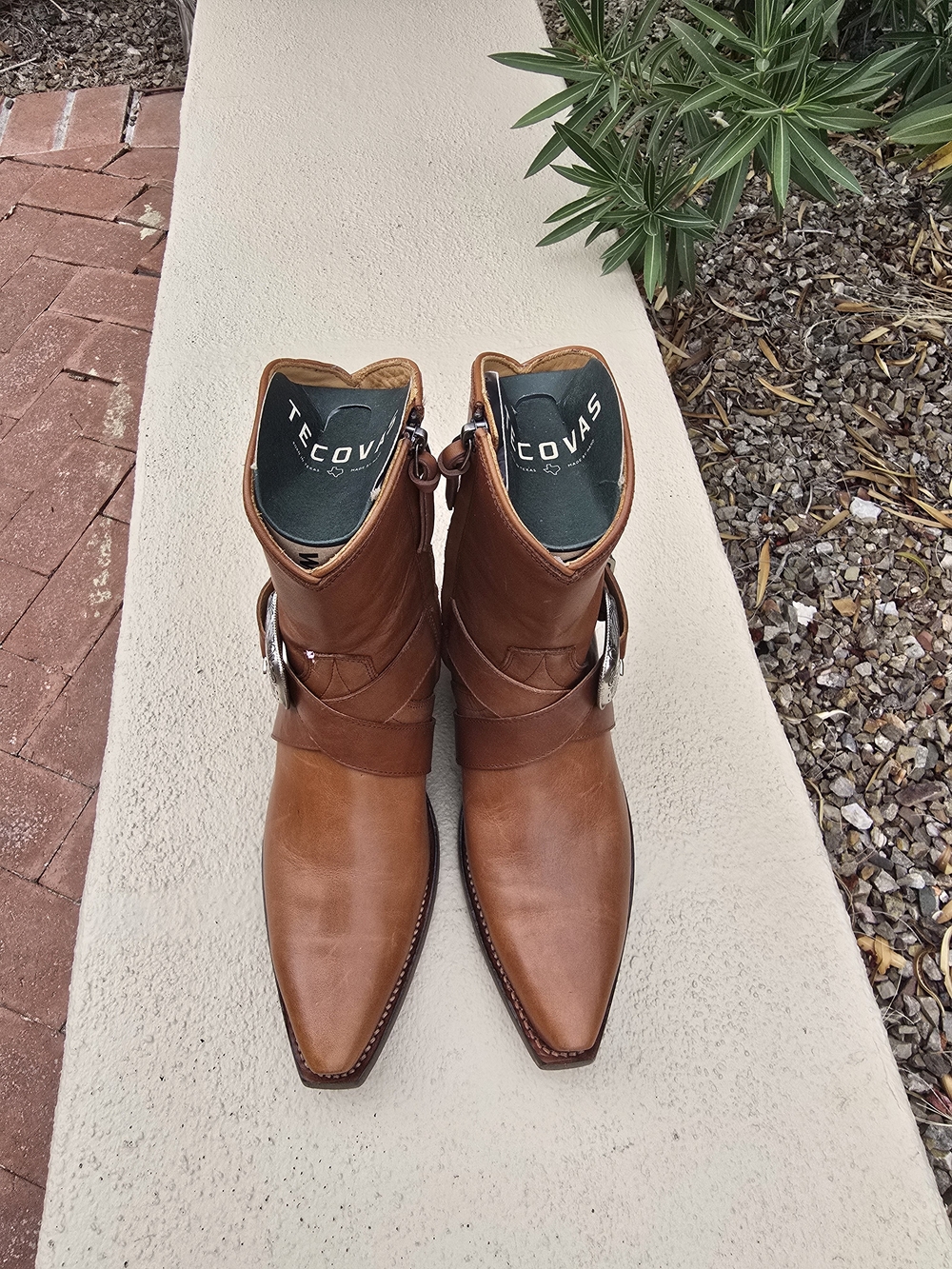 Tecovas Women's Tan Leather Snip toe Harness Heeled Boots